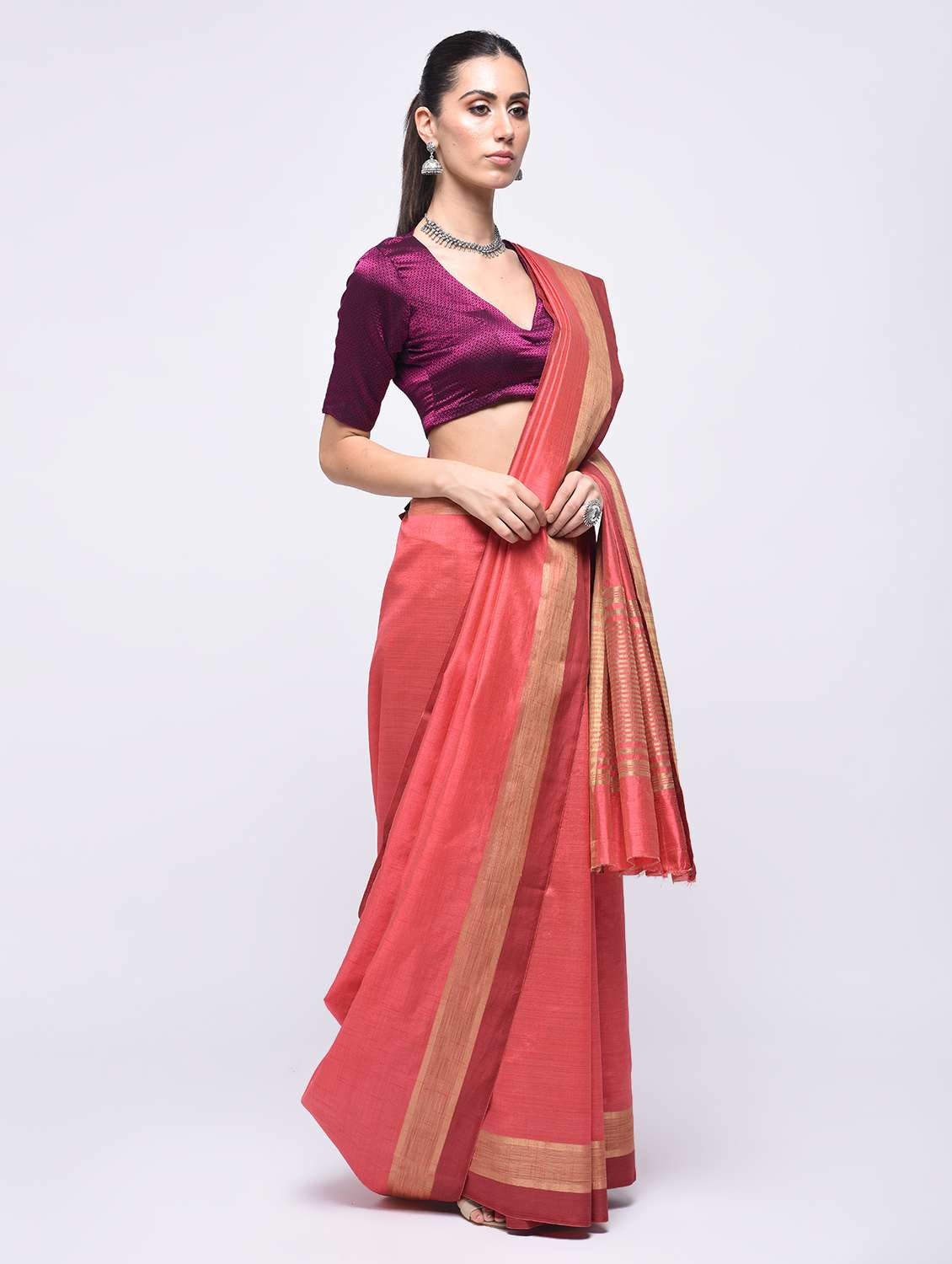 zari work striped border solid saree with blouse