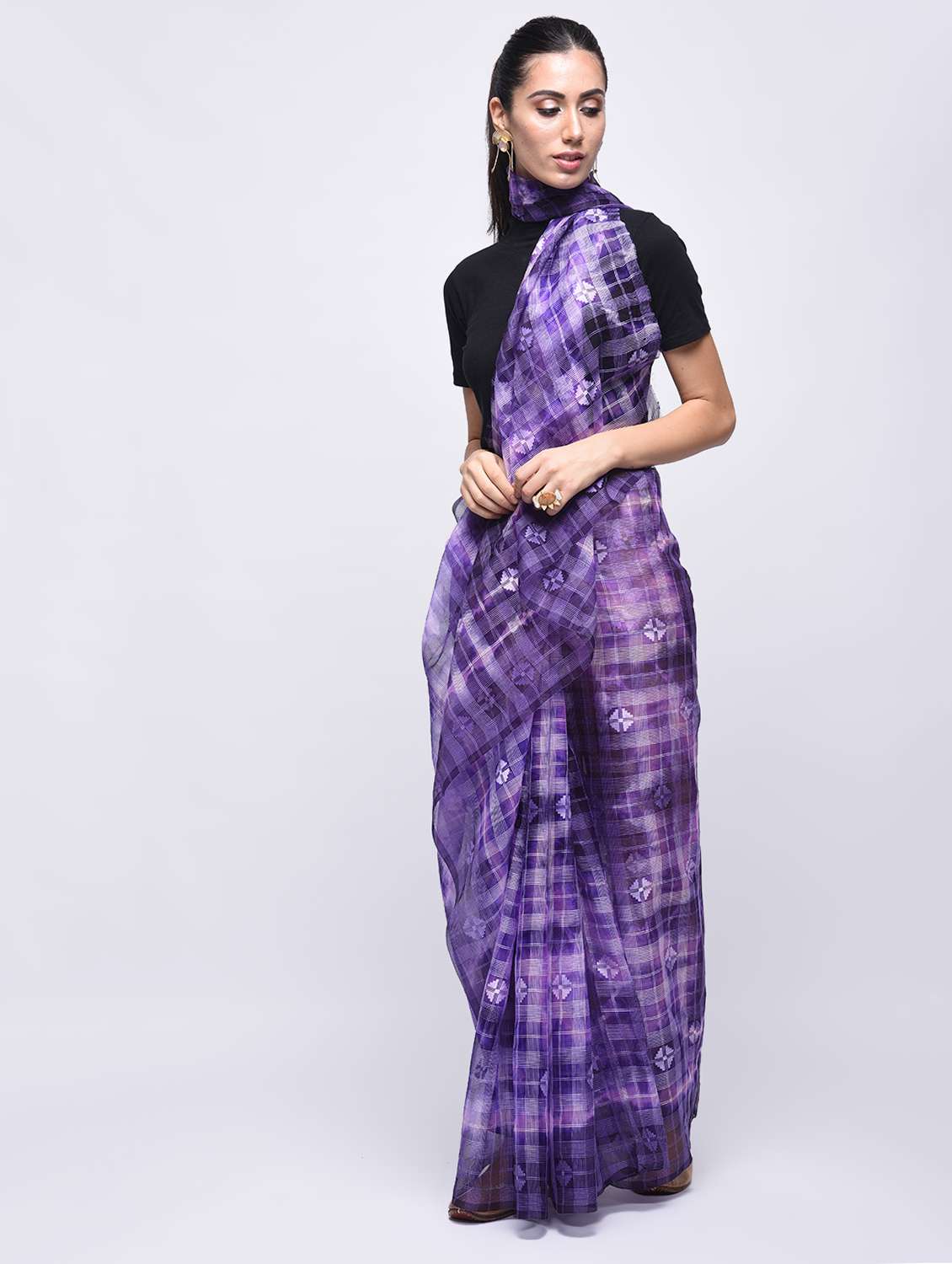 check motif self design saree with blouse