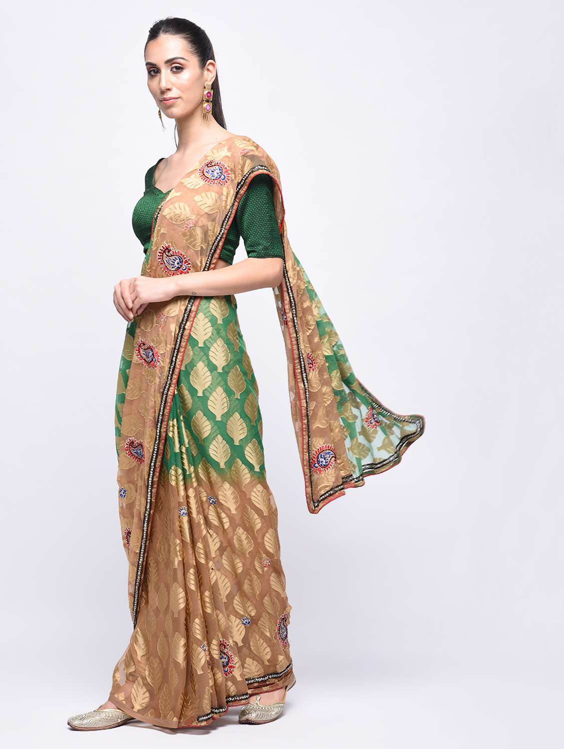 leaf motif self design saree with blouse