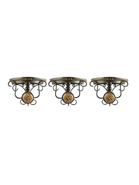 desi karigar beautiful wood and wrought iron fancy brown wooden handicrafts bracket holder - pack of 3