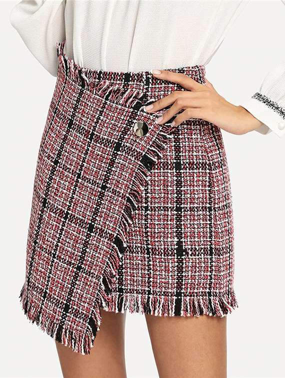 fringed detail checkered faux wrap skirt