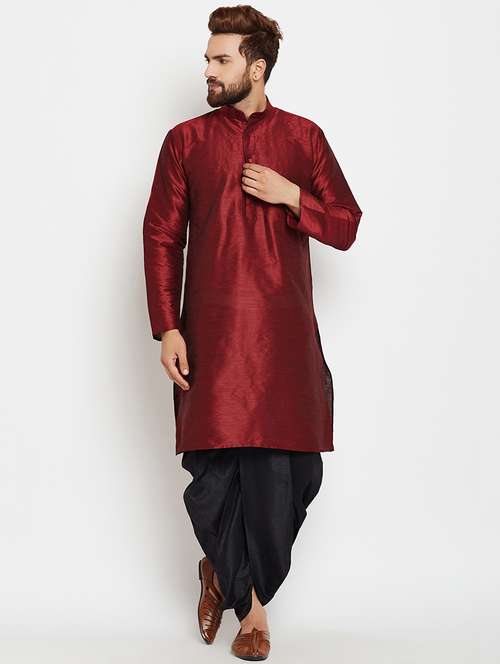 maroon silk blend dhoti kurta set - 15781718 - Standard Image - 0