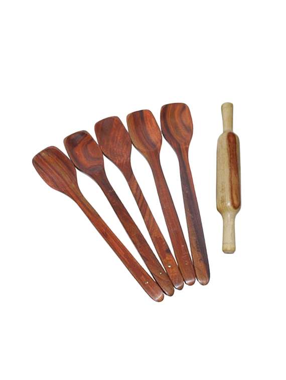 desi karigar wooden 6 ladles with rolling spin