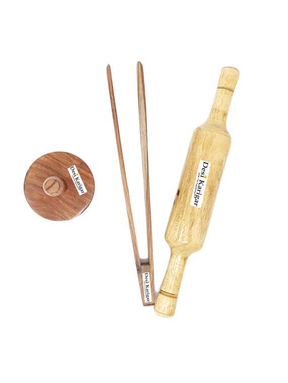 wooden chimta, belan and masher set