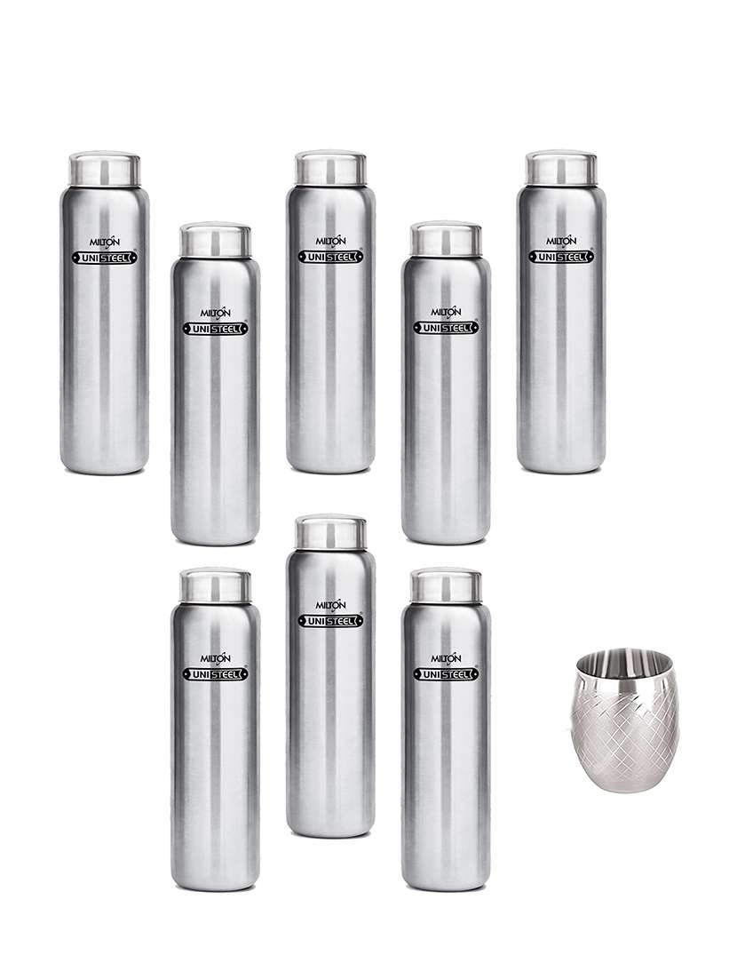 milton aqua 930ml stainless steel fridge water bottle silver, set of 8 with hazel glass