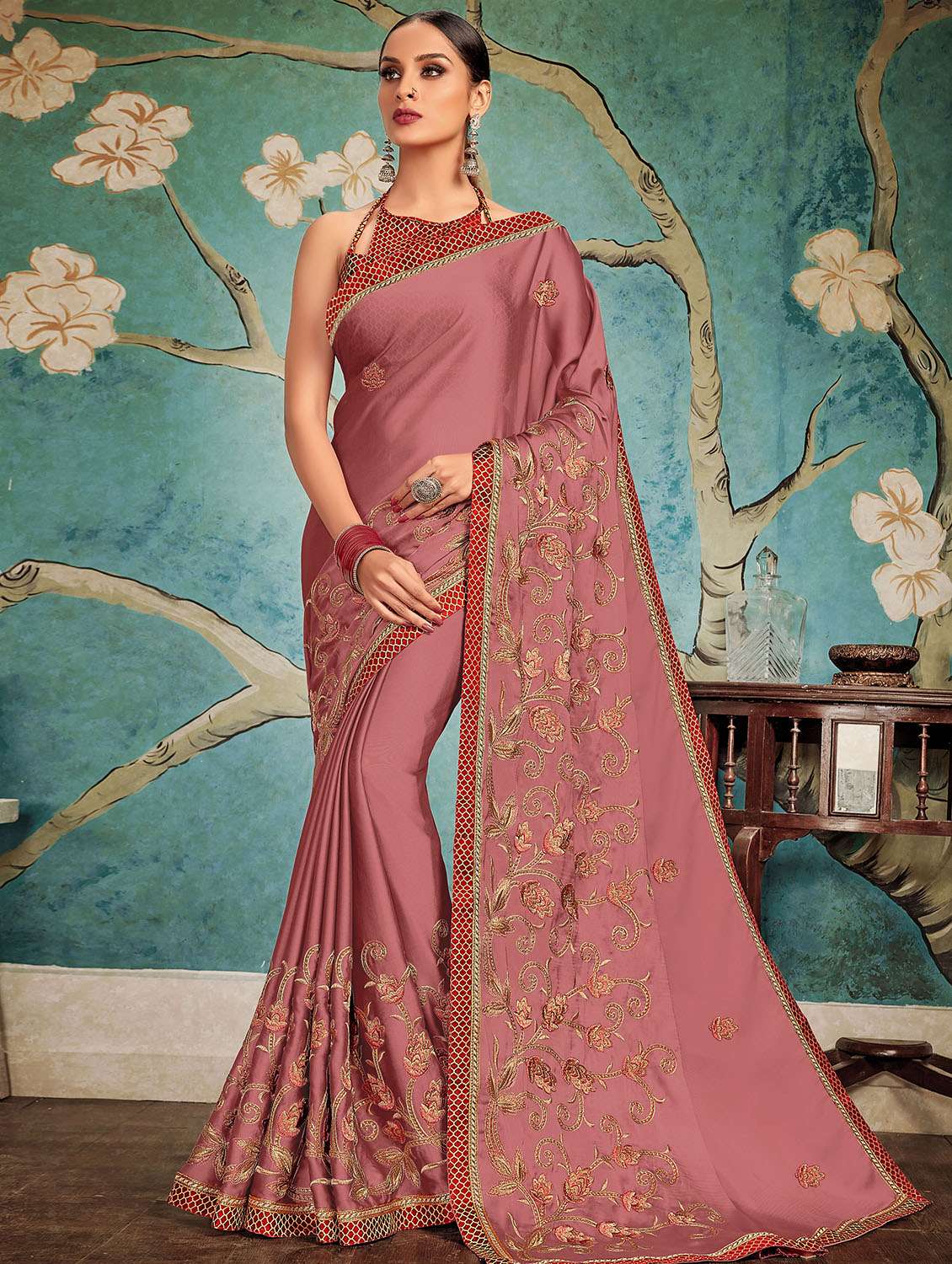floral embroidered saree with blouse