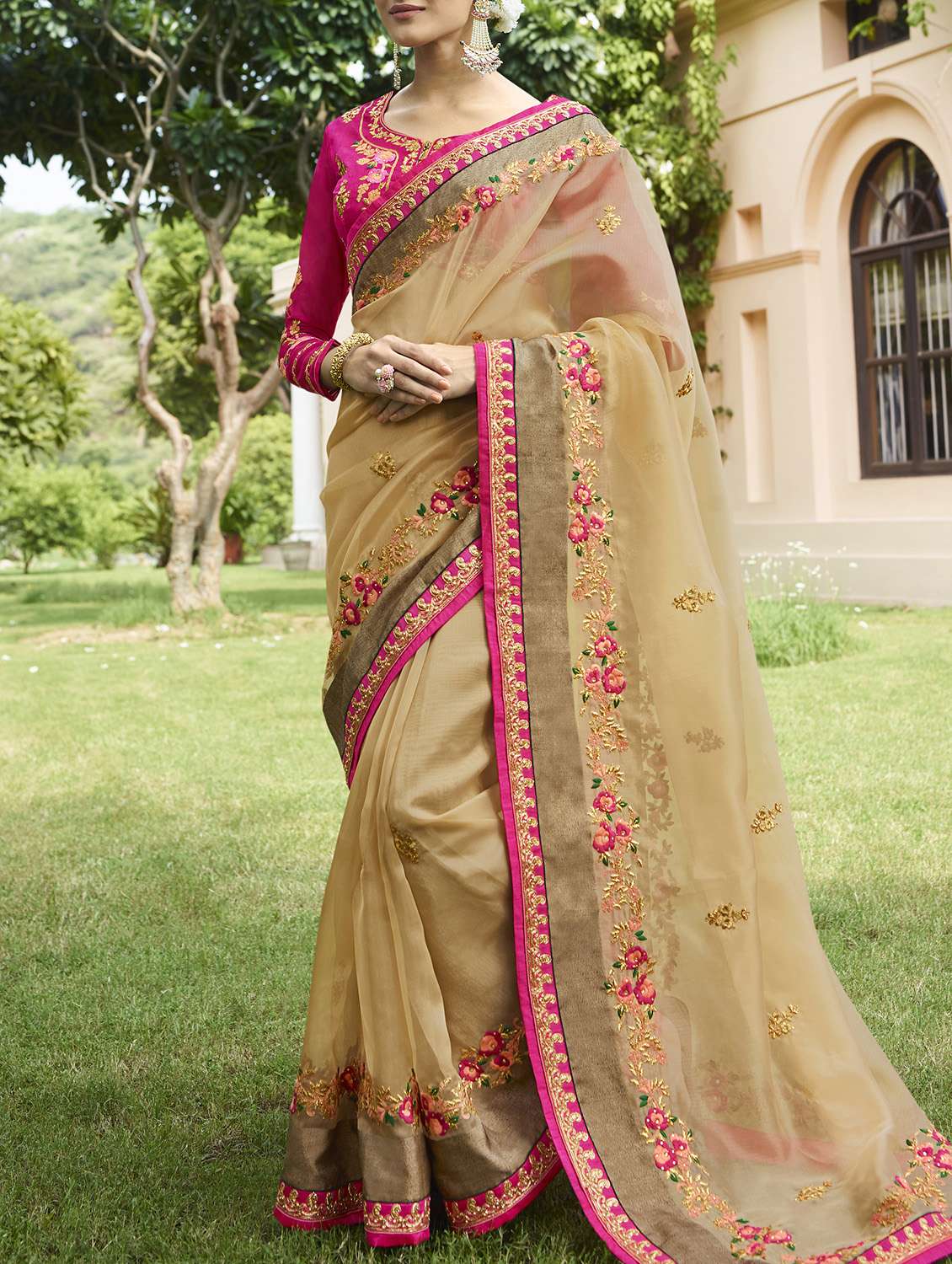 floral embroidered saree with blouse