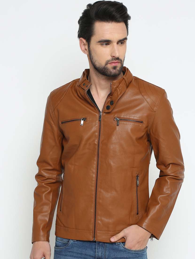 brown solid biker jacket