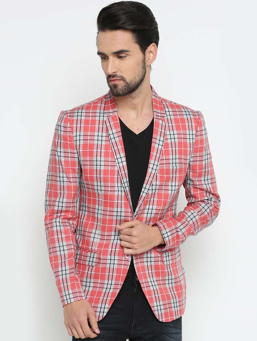 orange checkered single breasted casual blazer