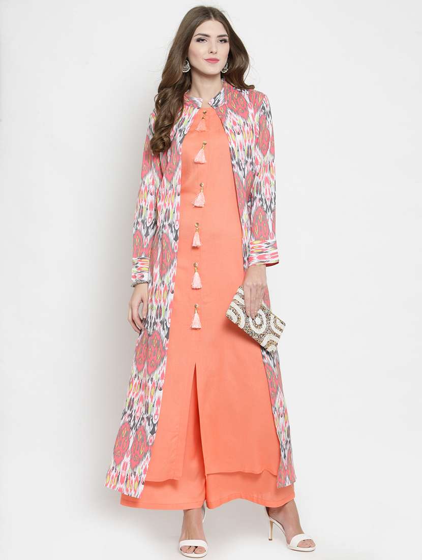layered printed kurta with tassels