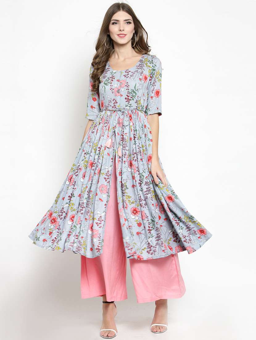 floral front drawstring flared kurta with palazzo set