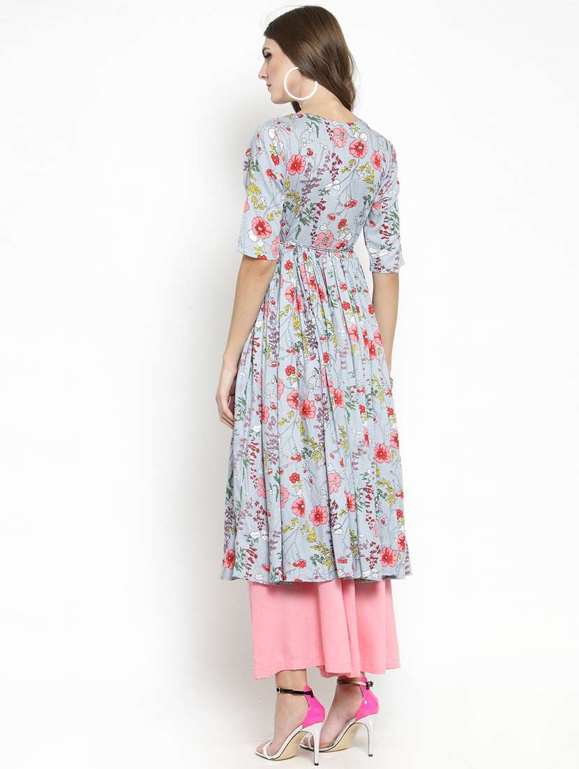 floral front drawstring flared kurta with palazzo set - 15799865 -  Standard Image - 2