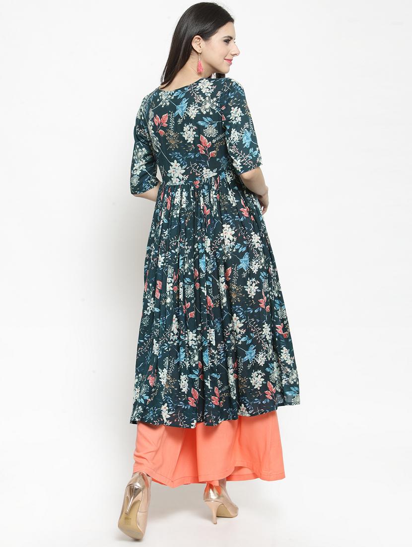 floral front drawstring flared kurta with palazzo set - 15799866 - Standard Image - 2