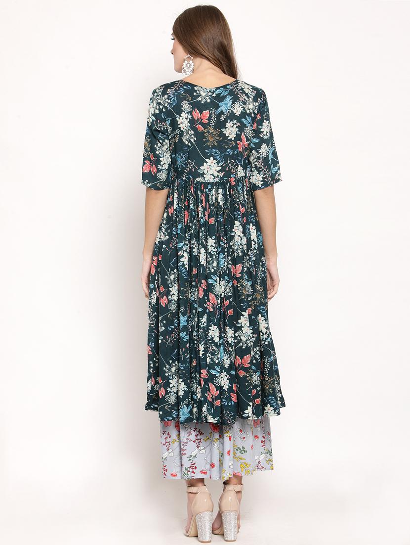 floral front drawstring flared kurta with palazzo set - 15799867 - Standard Image - 2
