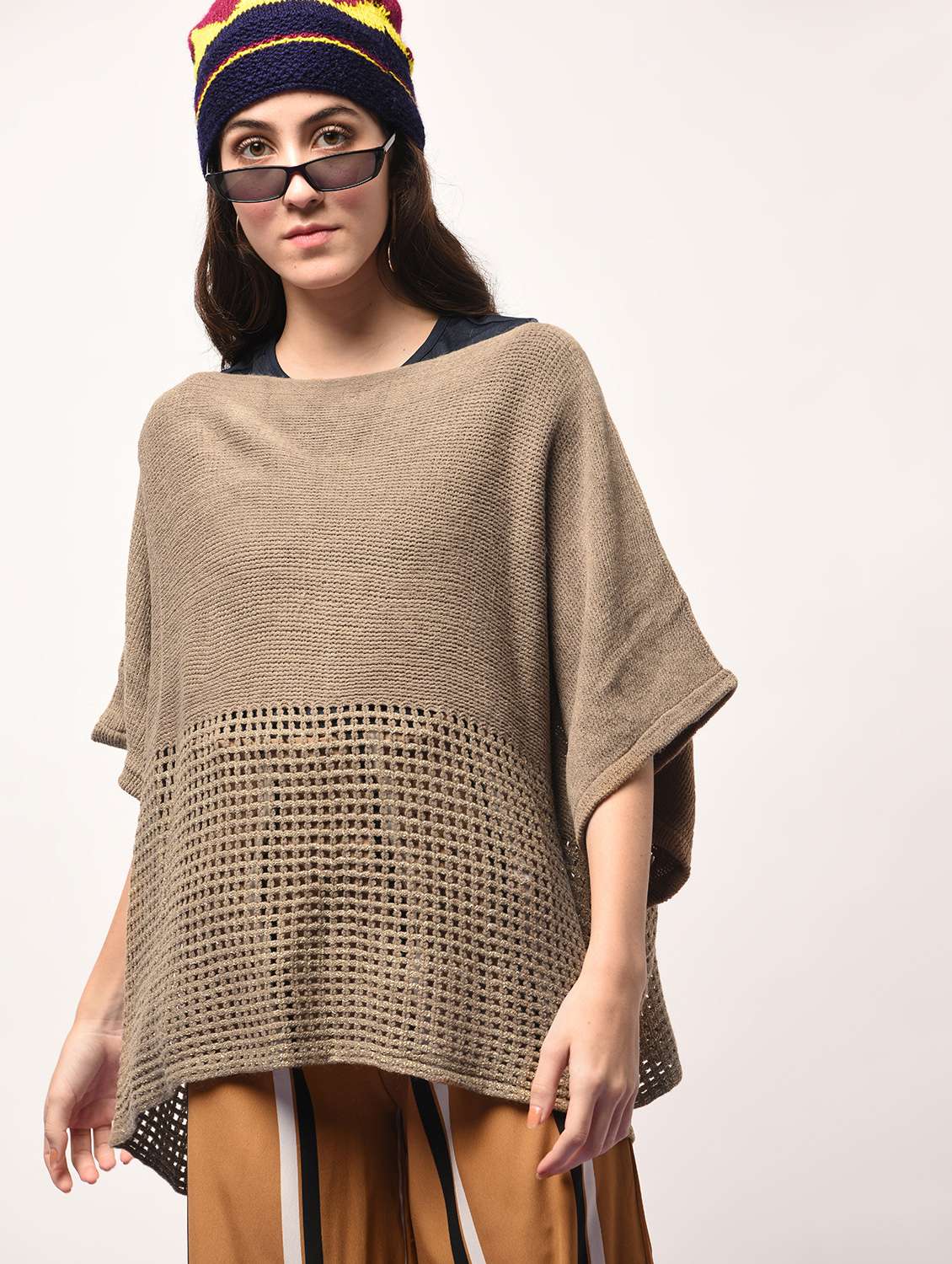 boat neck oversized knitted poncho