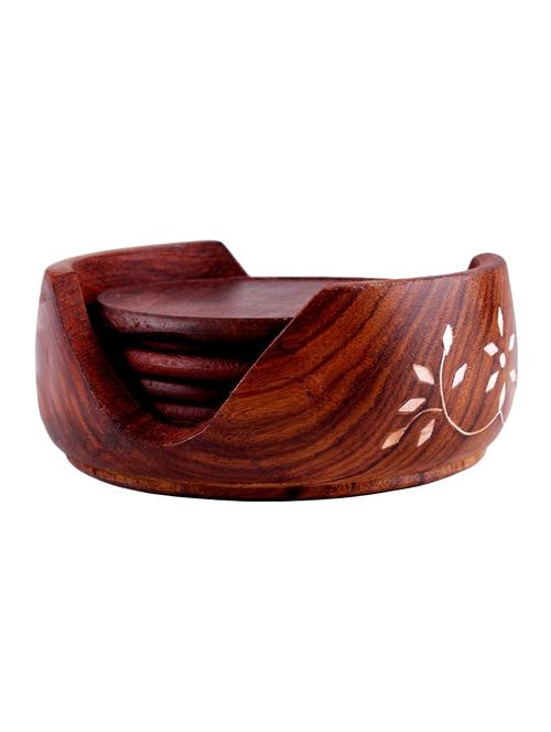 wooden carved tea coaster set of 6 plate with stand dining table serving office - 15800681 -  Standard Image - 0