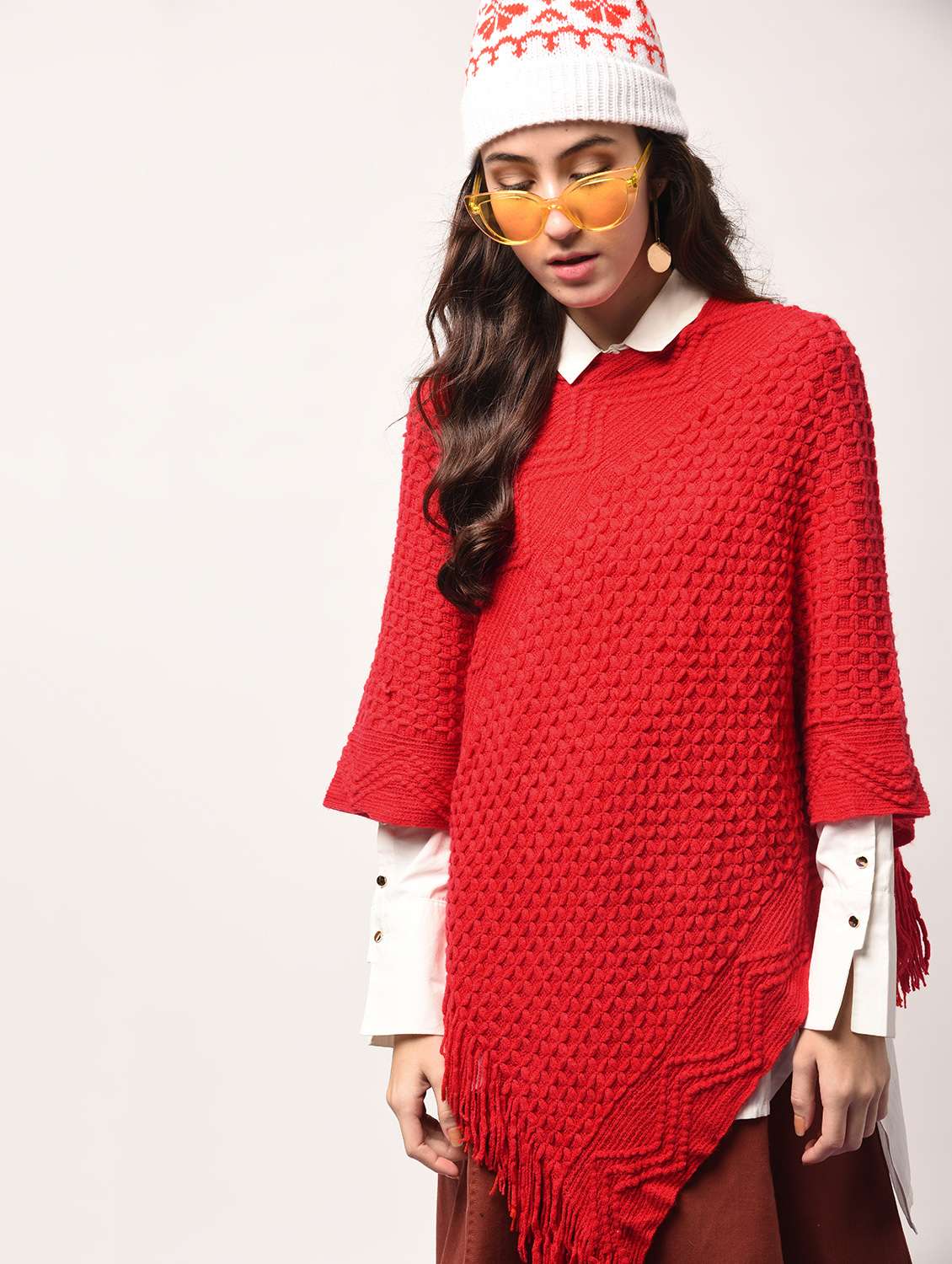 fringed edge knitted poncho