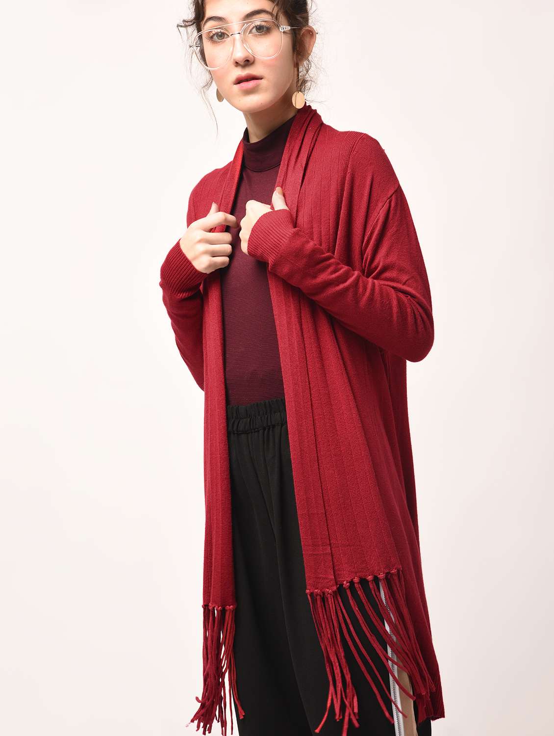 rib detail sleeved fringed hem shrug