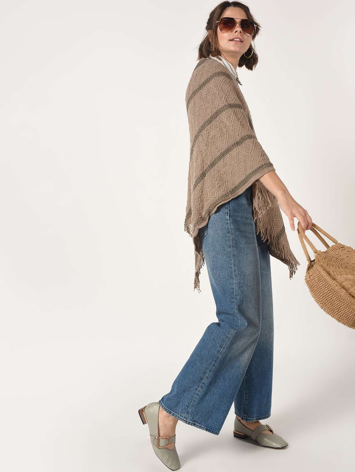 striped fringed hem poncho