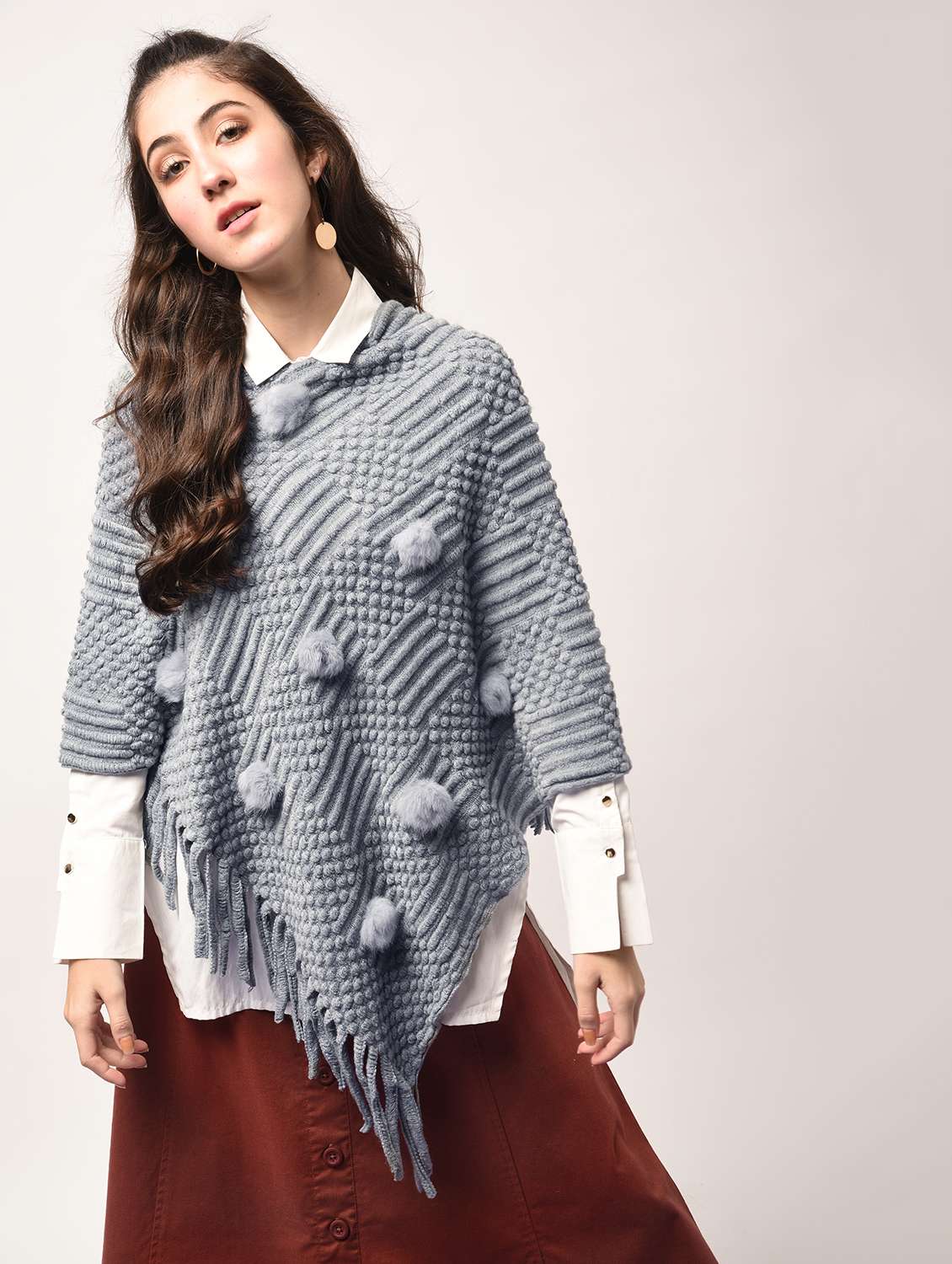 pom pom detail fringed edge poncho