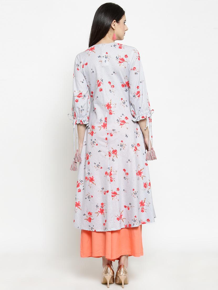 tie up sleeved floral flared kurta palazzo set - 15802767 - Standard Image - 2