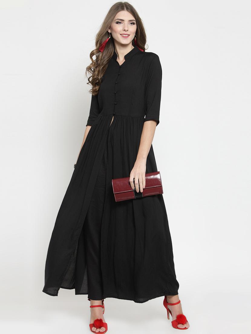 women solid mandarin neck high slit tunic - 15802808 -  Zoom Image - 0