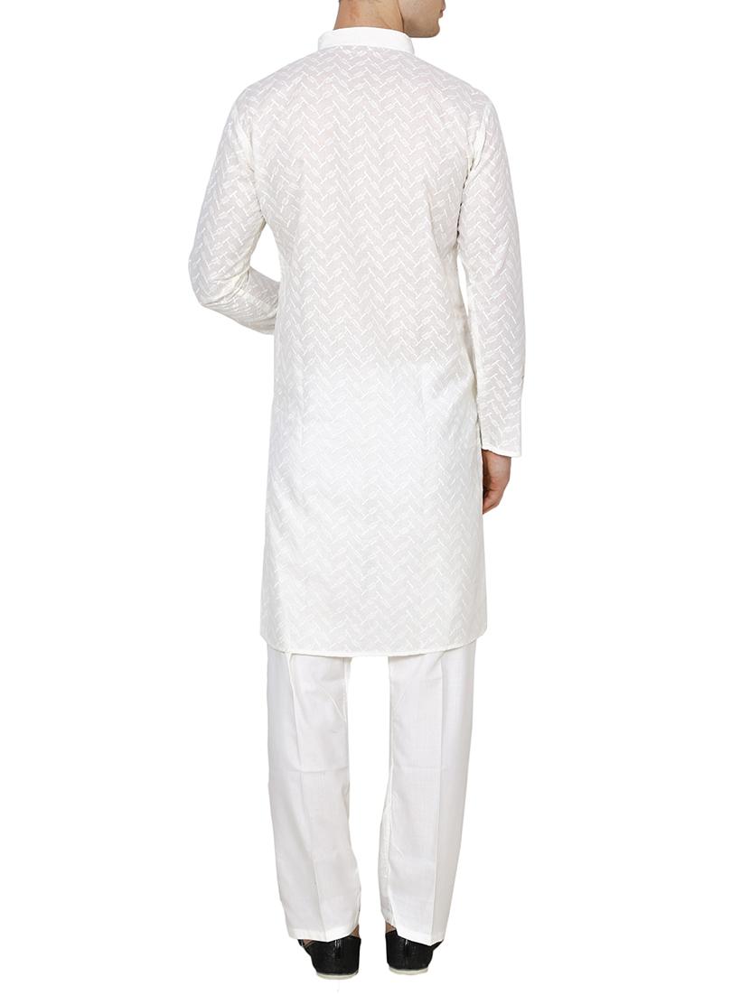 white cotton embroidered long kurta - 15803134 - Standard Image - 2