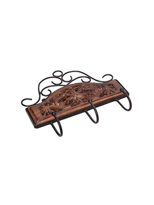 desi karigar wooden & iron fancy design wall hanging cloth hanger with 3 hooks size(lxbxh-11x1x10) inch - 15804373 -  Standard Image - 0