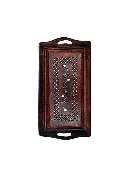 desi karigar wooden premium quality serving tray with hand carved design 15 inch large