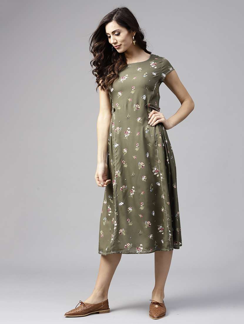 floral side tab detail a-line dress