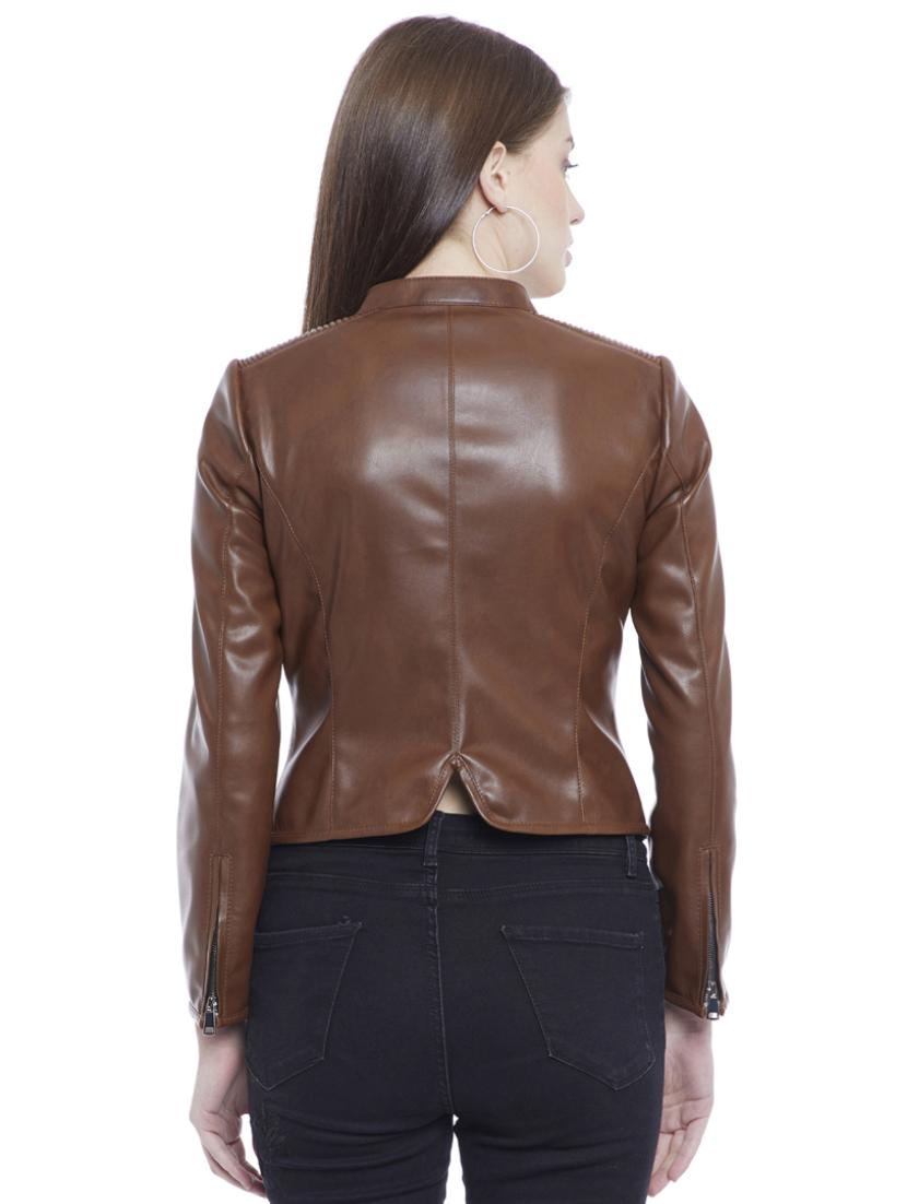 Chocolate Brown Faux Leather Jacket For Women From