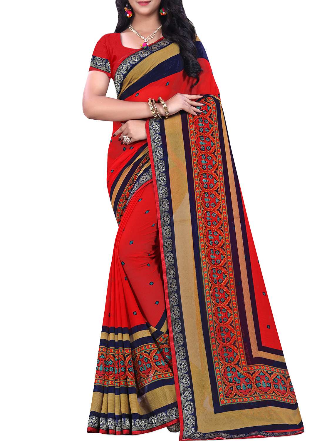 women's geometric red colored saree with blouse
