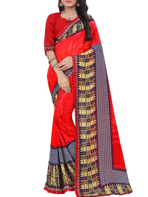 women's printed red colored saree with blouse - 15819314 -  Standard Image - 0