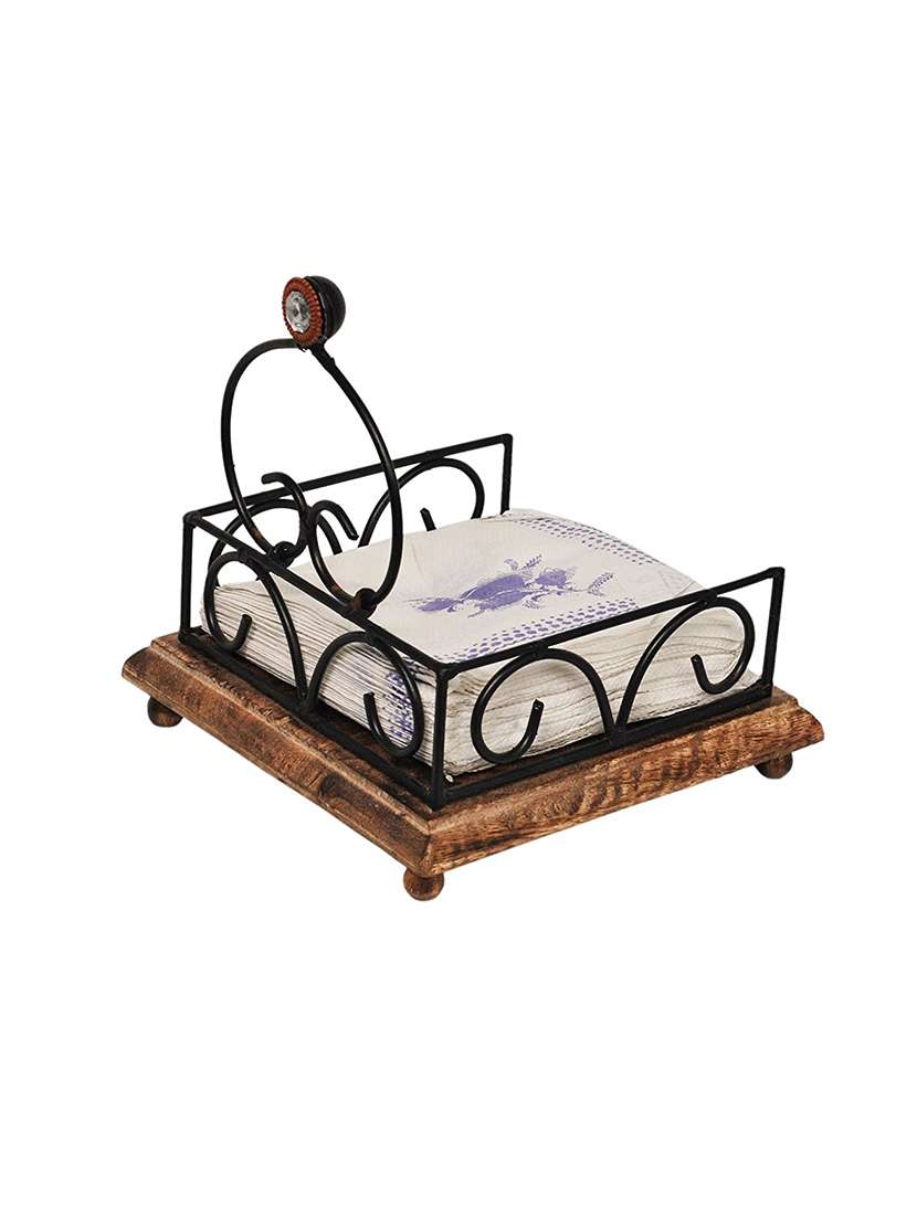 desi karigar wooden & iron antique tissue holder ( black, 6.5 x 6.5 x 3 inch )