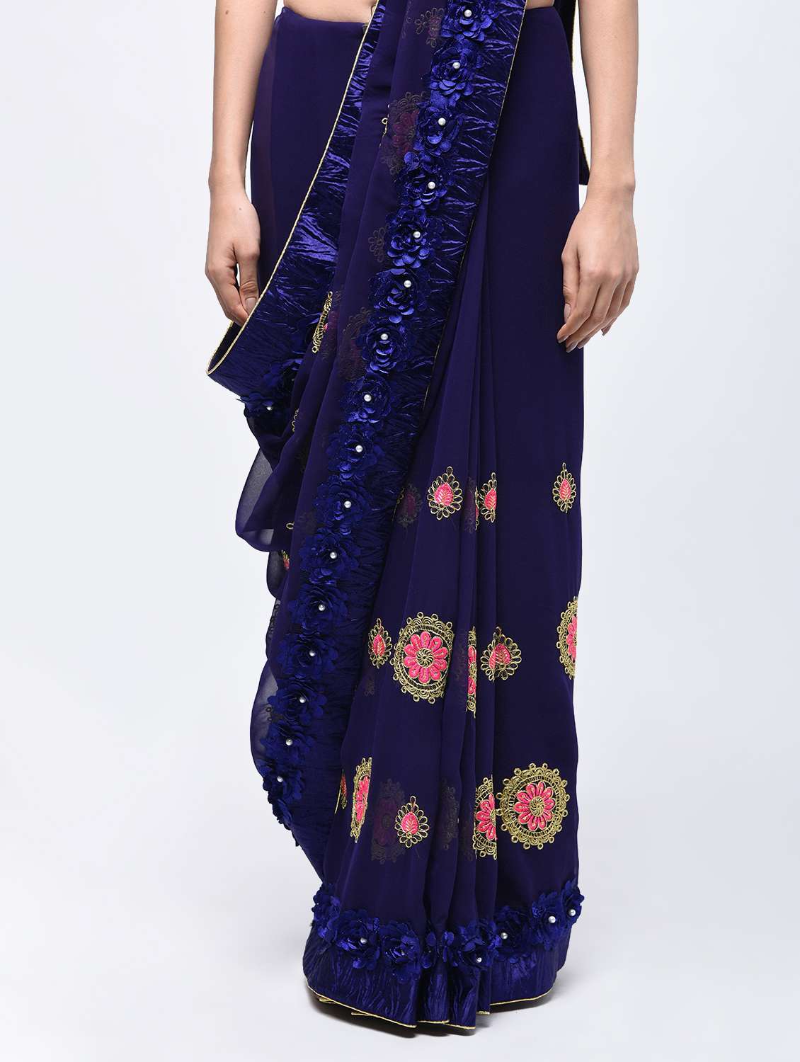 ribbon work floral embroidered navy blue saree with blouse - 15821238 -  Standard Image - 2