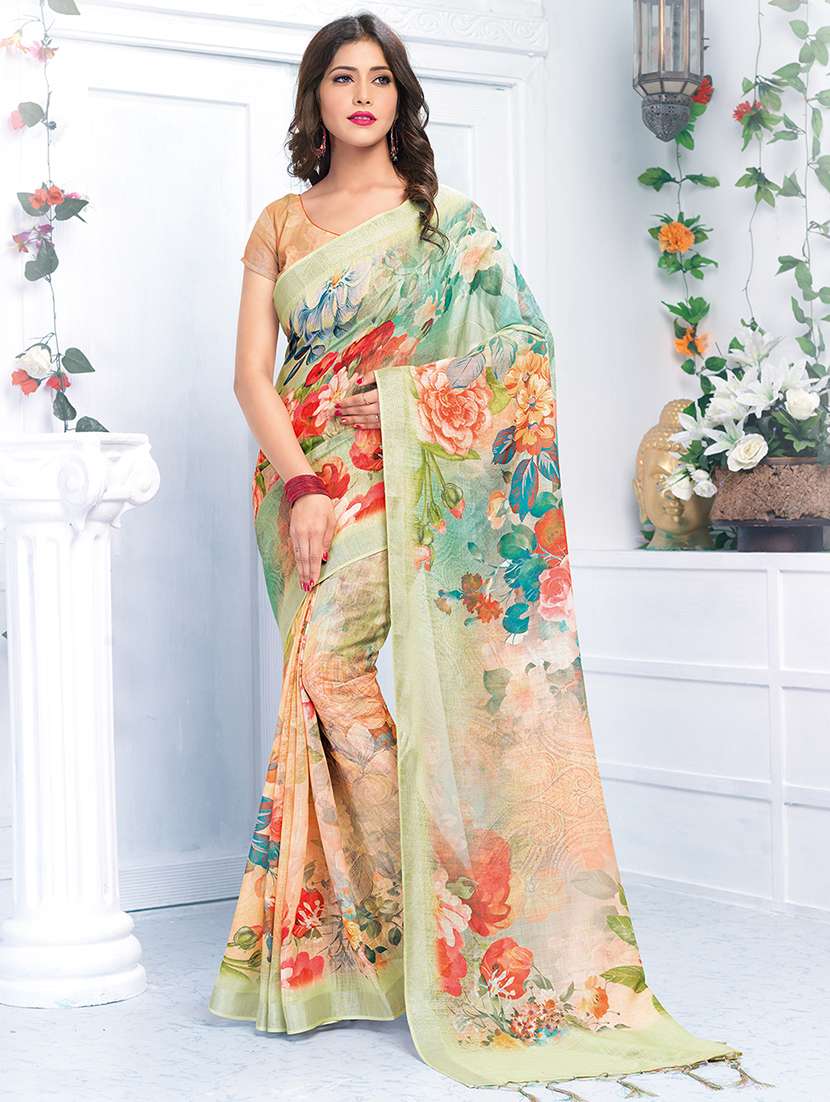 floral printed linen saree with blouse