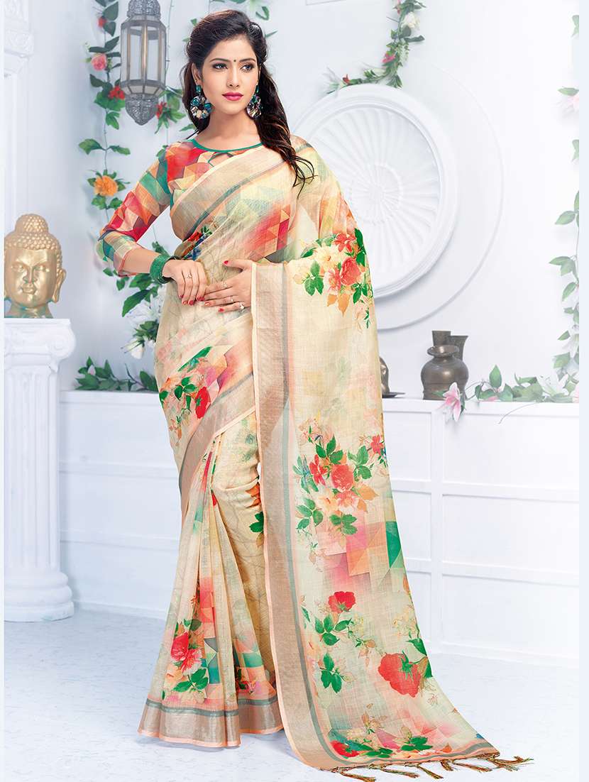floral printed linen saree with blouse