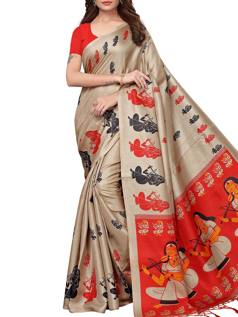contrast border kalamkari printed saree with blouse