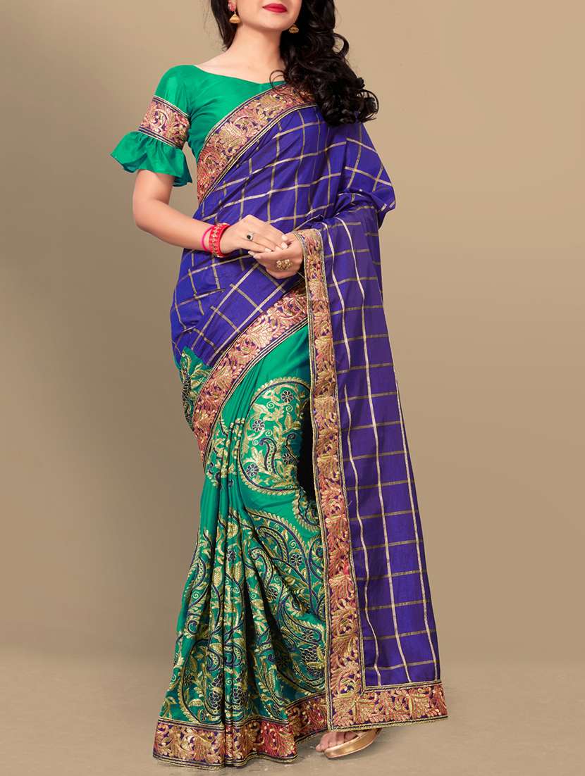 checkered embroidered half & half saree with blouse