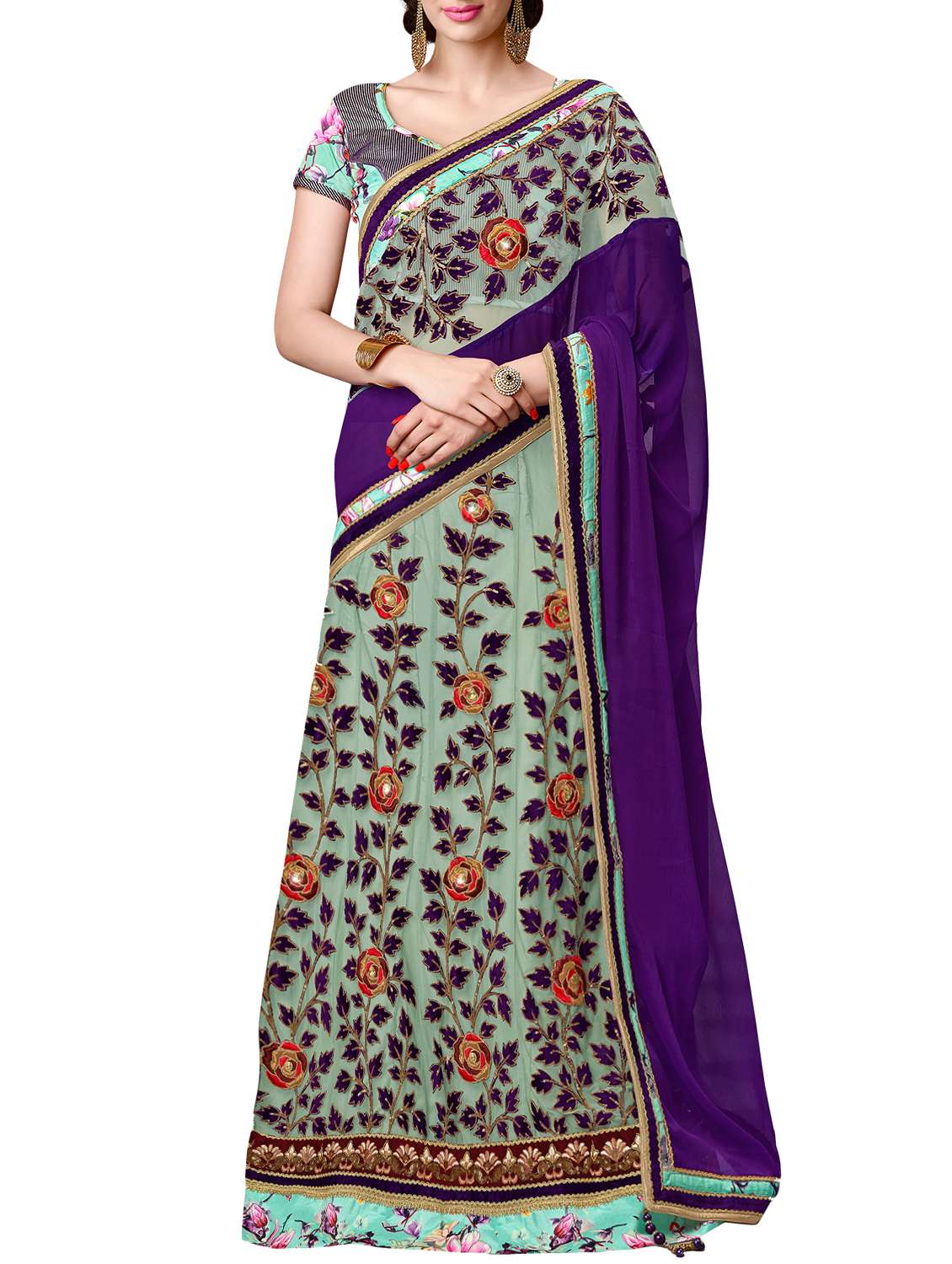 floral patchwork sea green lehenga saree with blouse