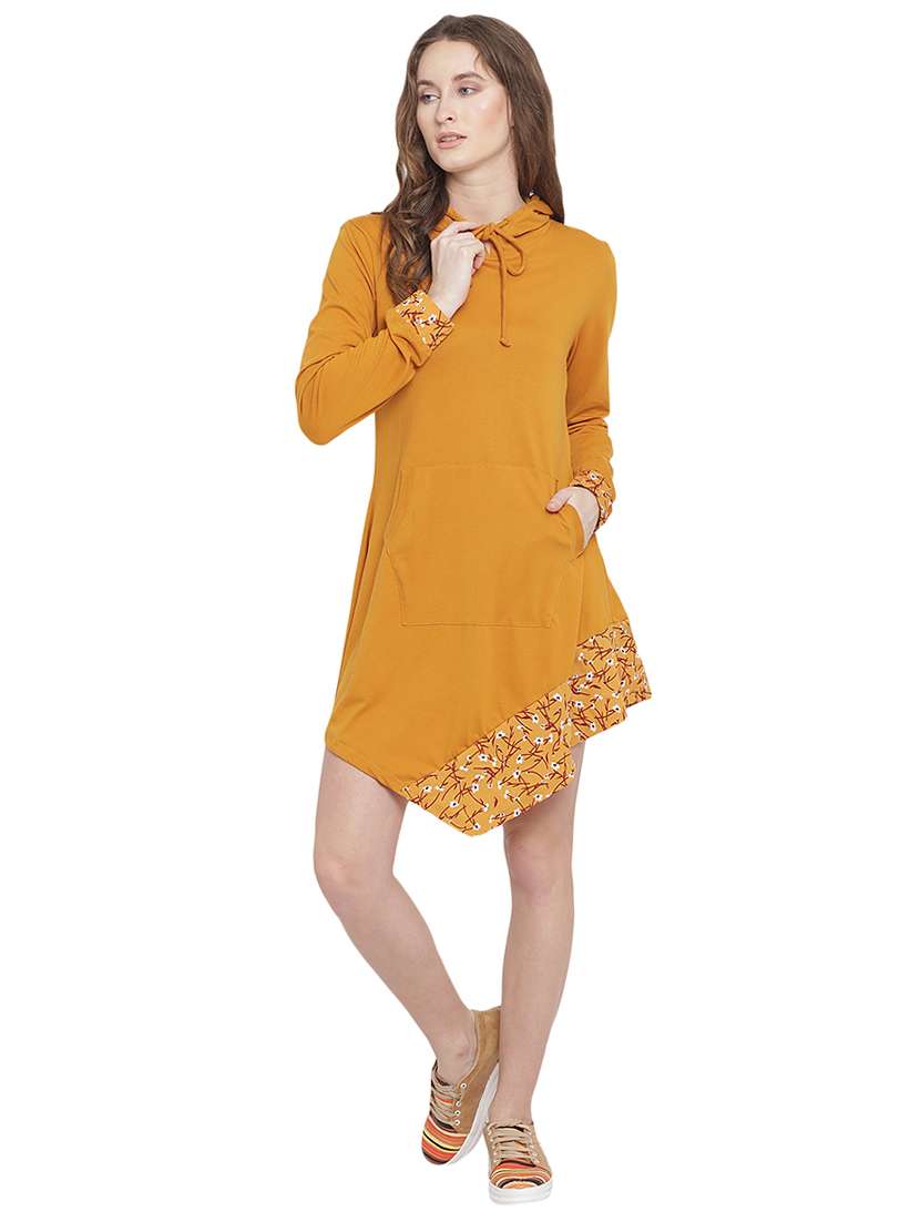 pocket patch hooded neck asymmetric dress