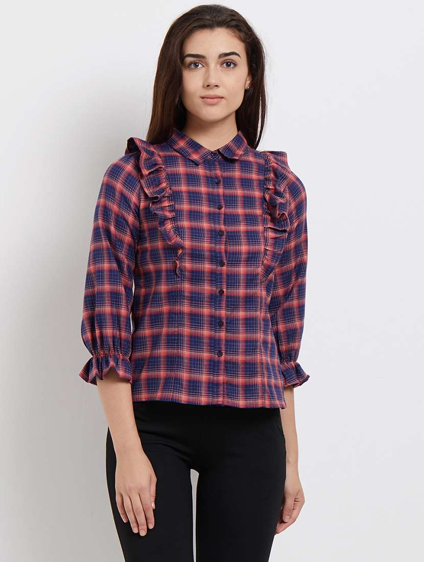 ruffle detail checkered shirt