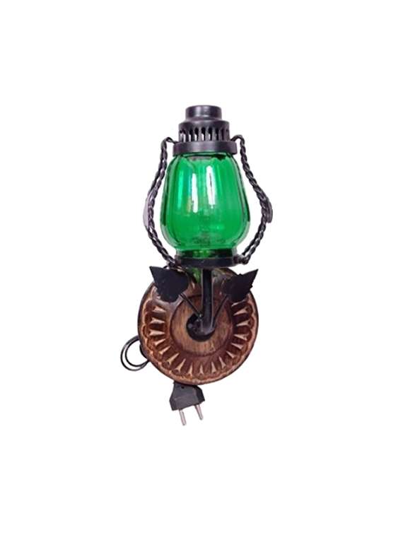 desi karigar wooden & iron fancy wall hanging electric chimney lamp size(lxbxh-6x5x11) inch, color green