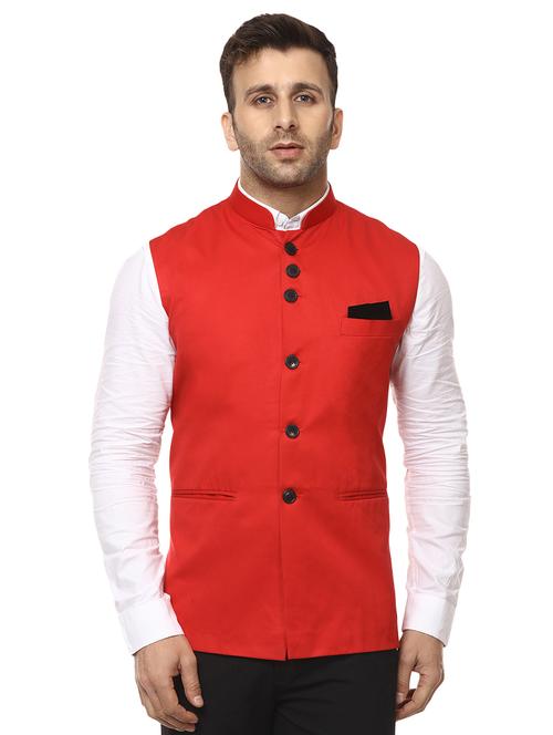 red mandarin neck nehru jacket - 15840484 - Standard Image - 0