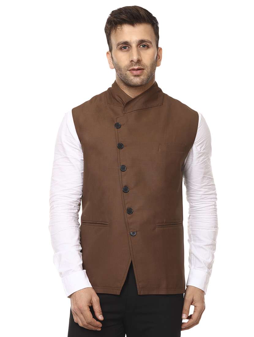 brown mandarin neck nehru jacket