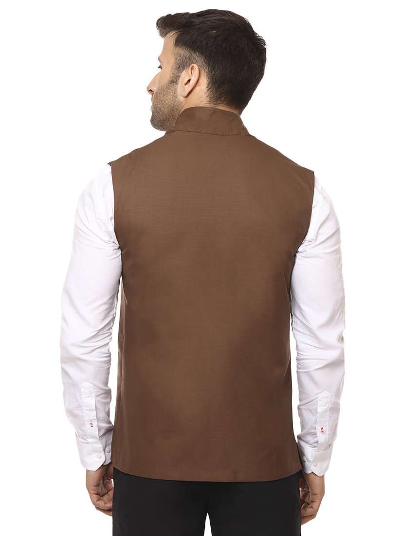 brown mandarin neck nehru jacket - 15840487 -  Standard Image - 2