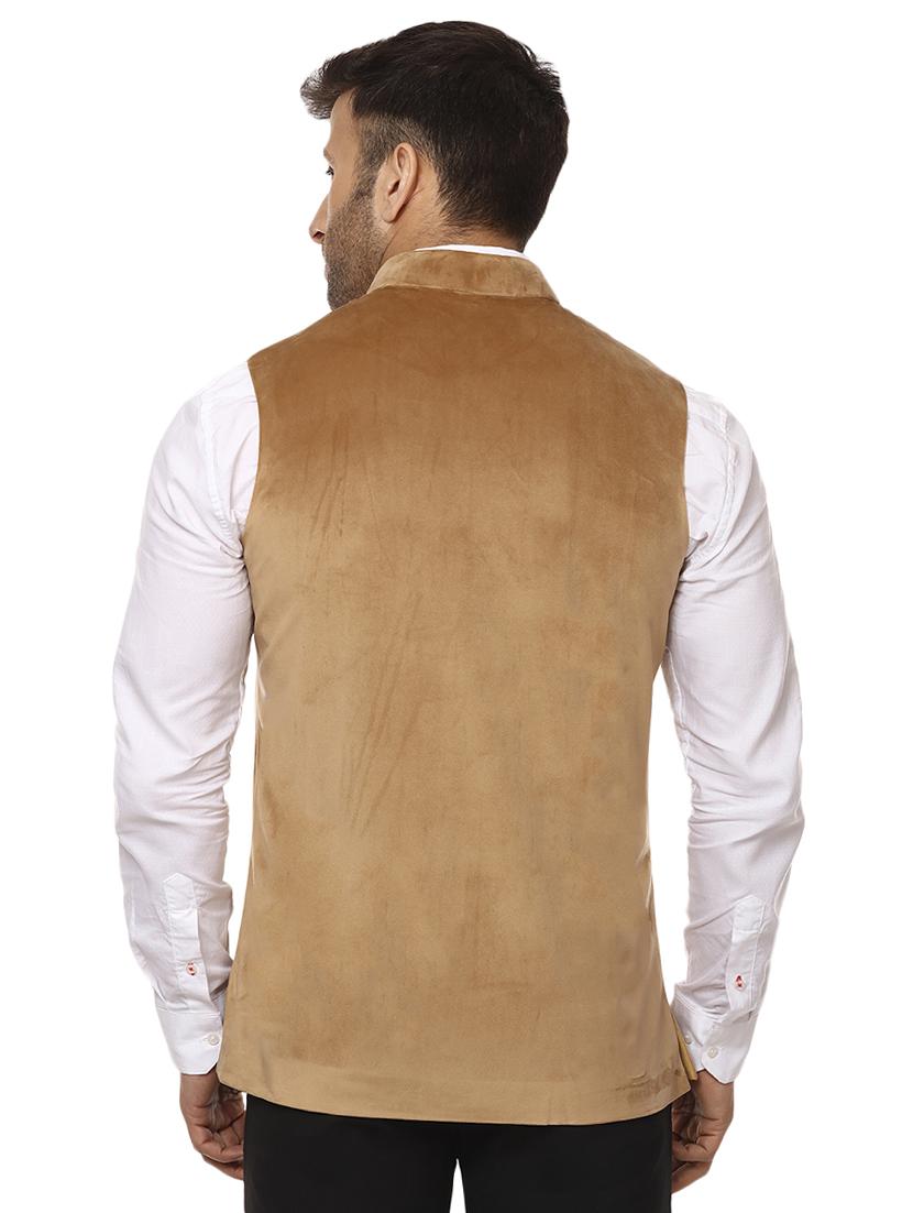 beige mandarin neck nehru jacket - 15840490 - Standard Image - 2
