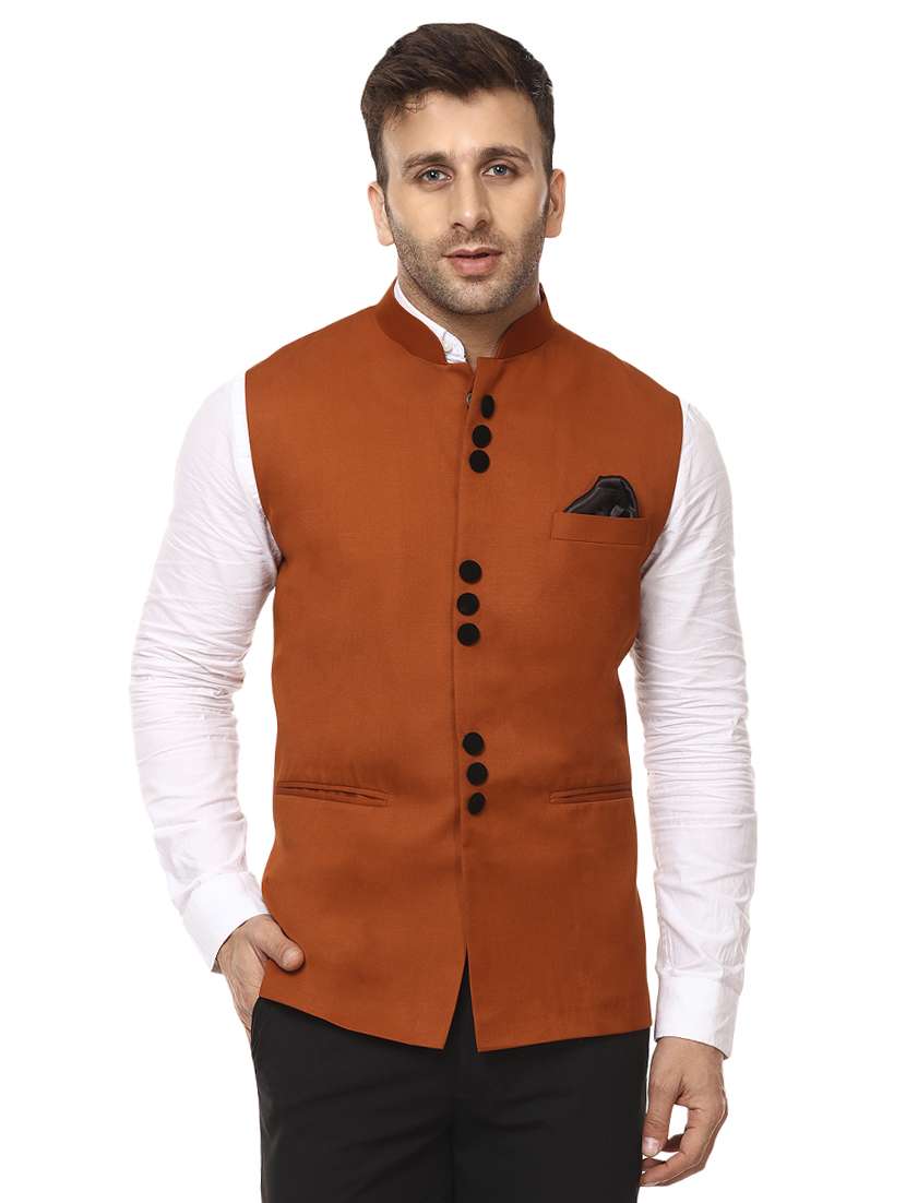 brown mandarin neck nehru jacket