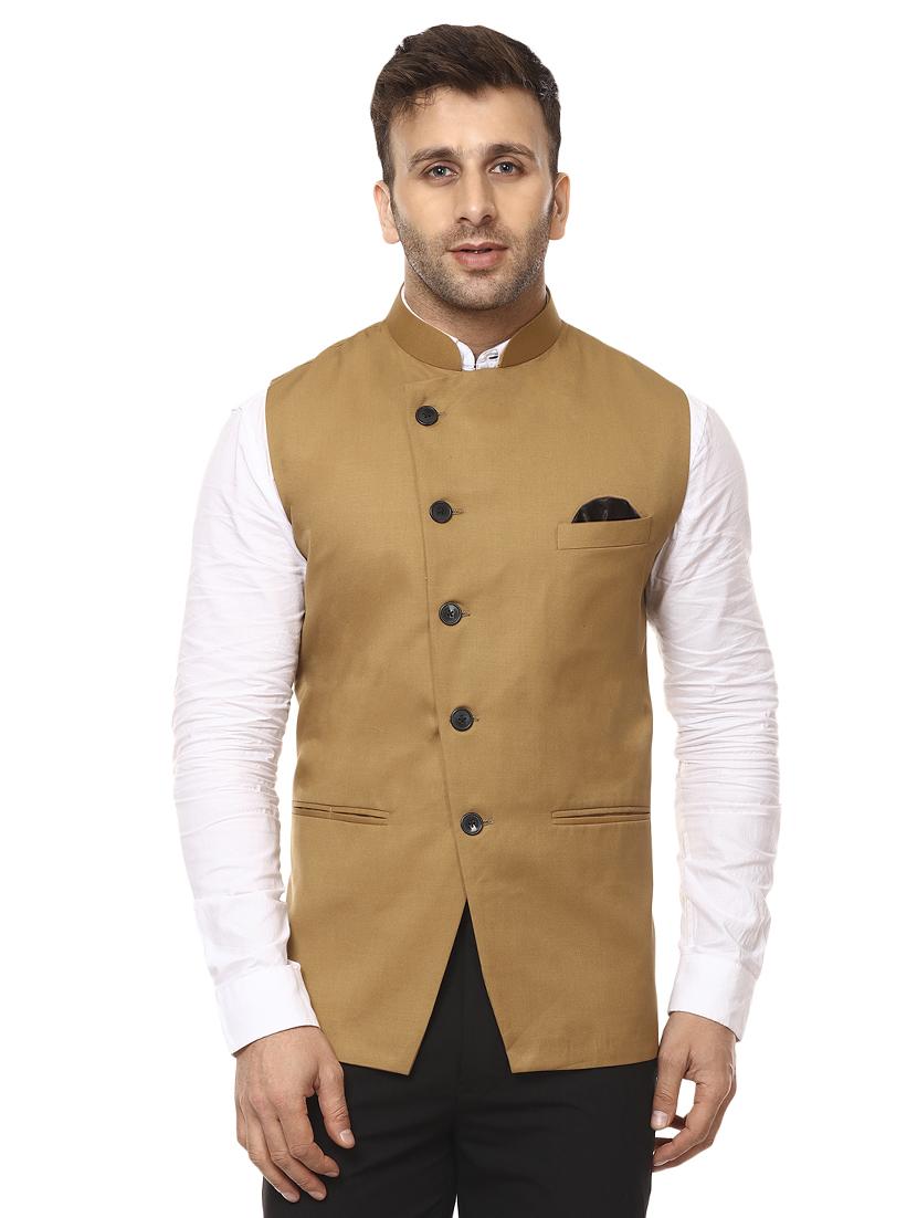 solid brown nehru jacket - 15840493 - Zoom Image - 0