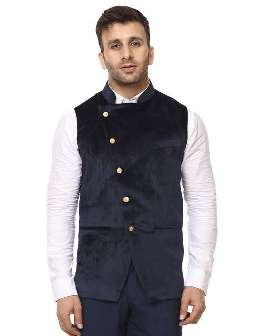 solid blue nehru jacket - 15840496 - Standard Image - 0
